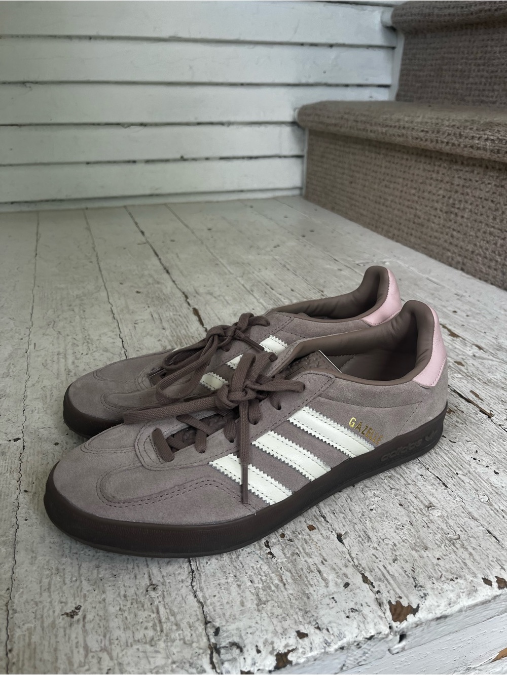 adidas women’s Suede Sneakers in Taupe, White & Pink Accents - Picture 4 of 6